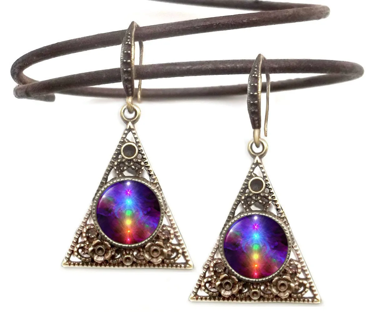 Rainbow Chakra Earrings, Pyramid Triangle Shape, Positive Energy Art - "Chakra Healing"