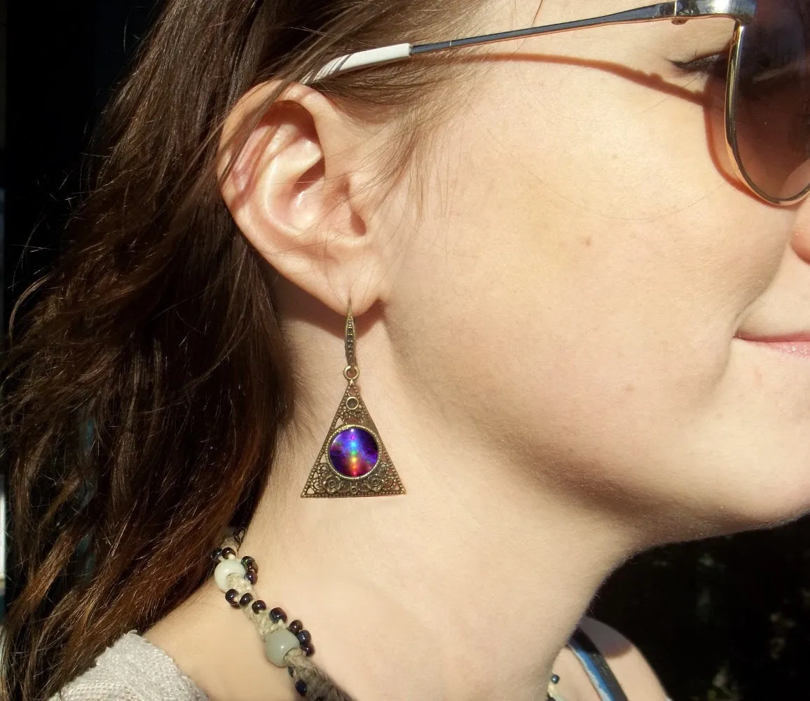 Rainbow Chakra Earrings, Pyramid Triangle Shape, Positive Energy Art - "Chakra Healing"