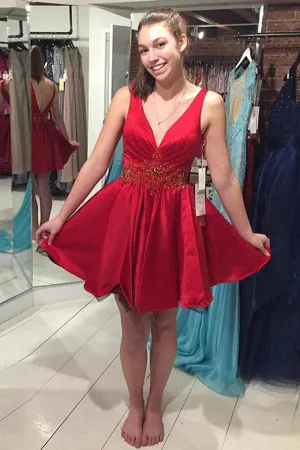 Red Deep V Neck Sheer Homecoming Dresses,V Beck Beading Short Prom Dress SH146