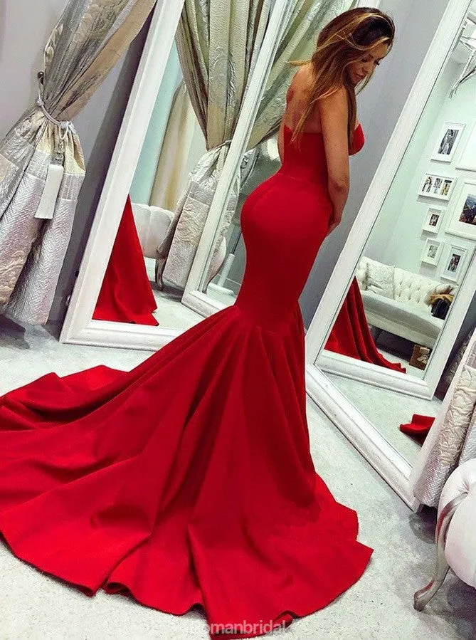 Red Mermaid Sweetheart Sleeveless Long Prom Dress With Train, PD0613