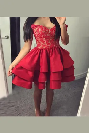 Red Off Shoulder Short Prom Dress,Sweetheart Appliques Cheap Homecoming Dress,Party Dress SH179
