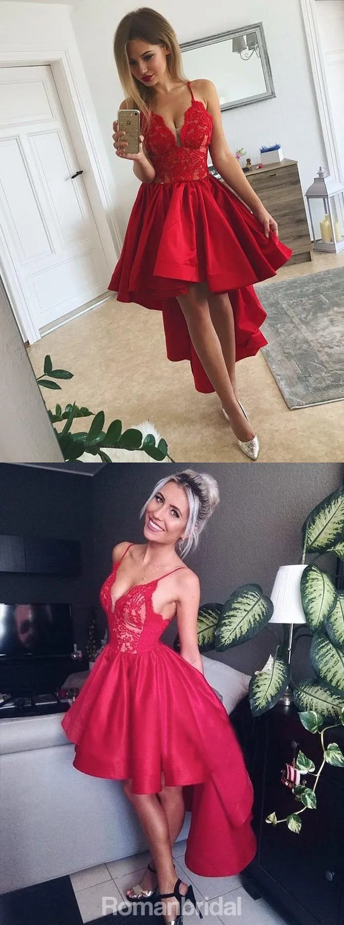 Red Spaghetti Straps Sexy V-neck Lace Top Homecoming Dresses With Pleats, HD0475