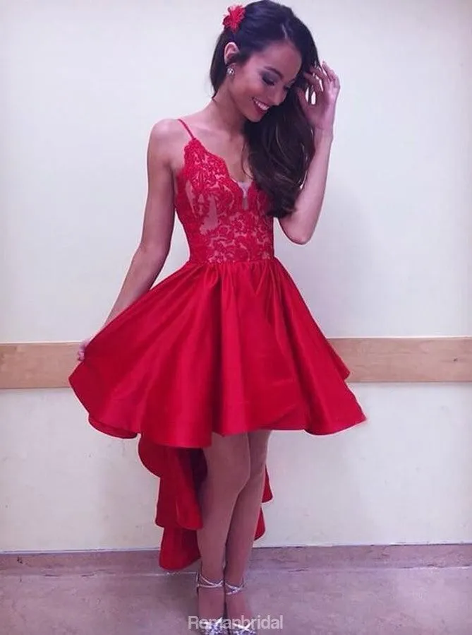 Red Spaghetti Straps Sexy V-neck Lace Top Homecoming Dresses With Pleats, HD0475