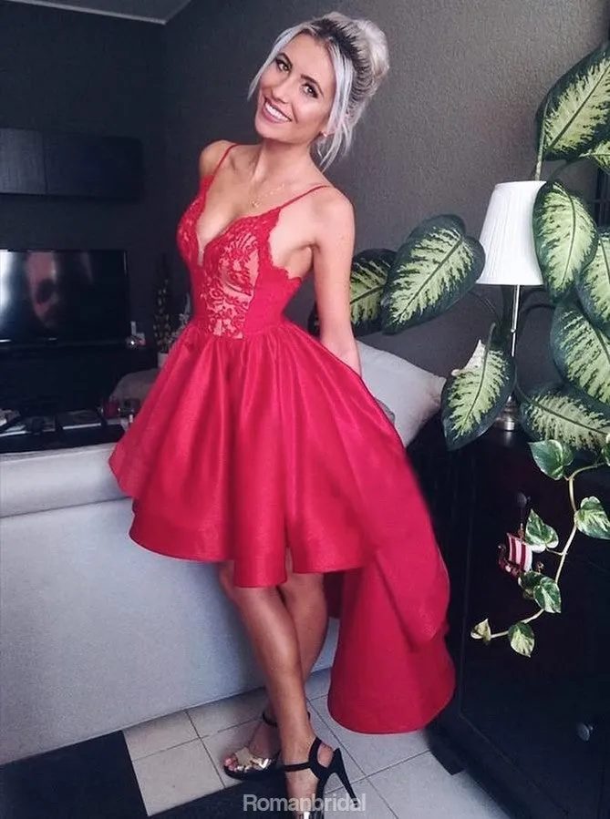 Red Spaghetti Straps Sexy V-neck Lace Top Homecoming Dresses With Pleats, HD0475