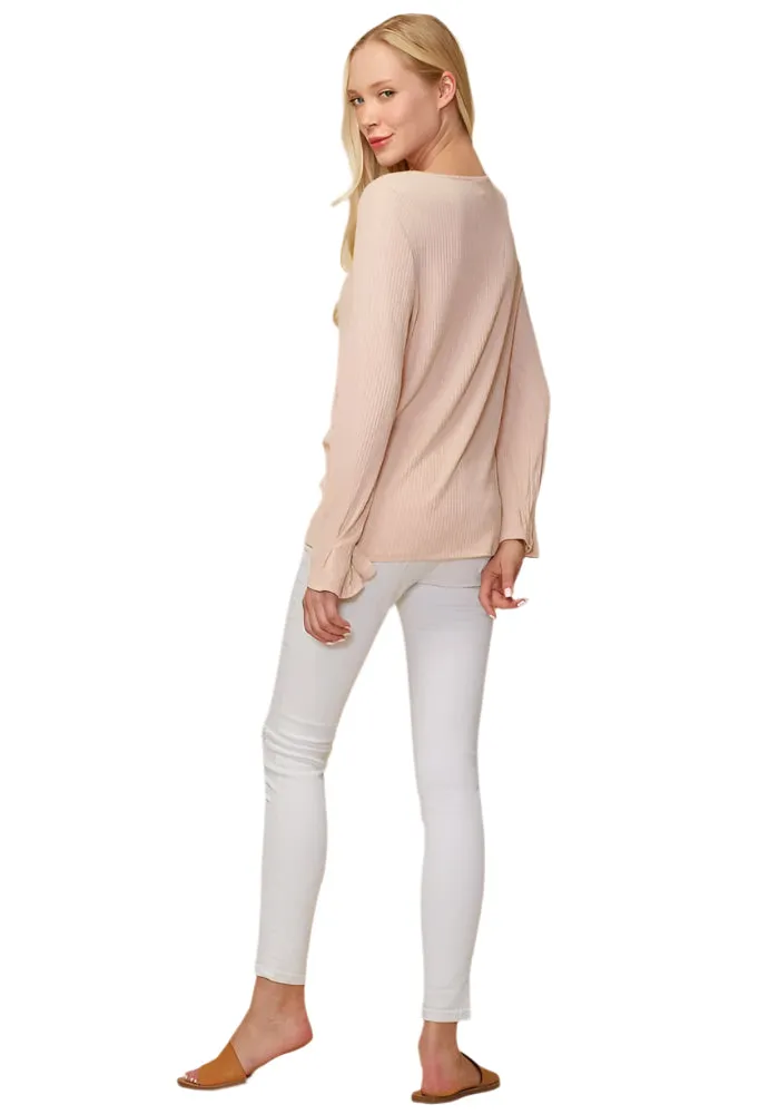 Ribbed Knit Top With Gathered Bell Cuff