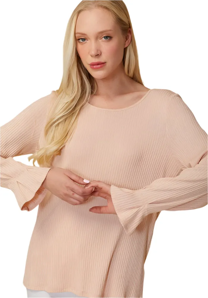 Ribbed Knit Top With Gathered Bell Cuff