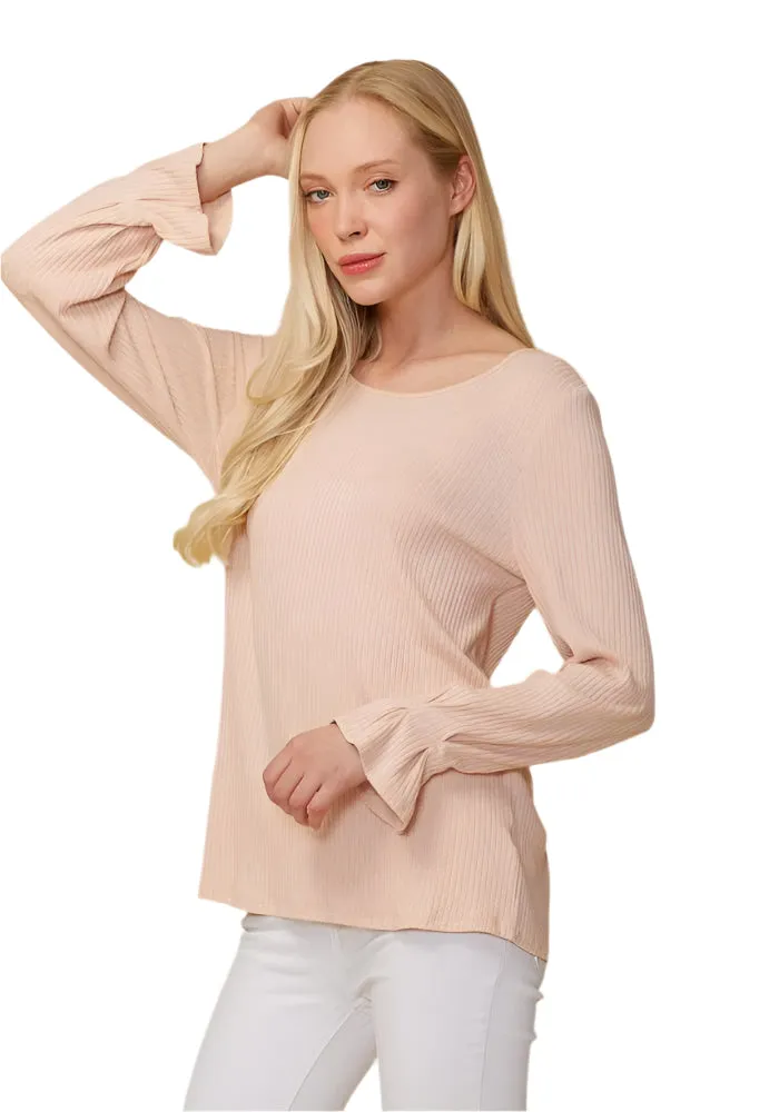 Ribbed Knit Top With Gathered Bell Cuff