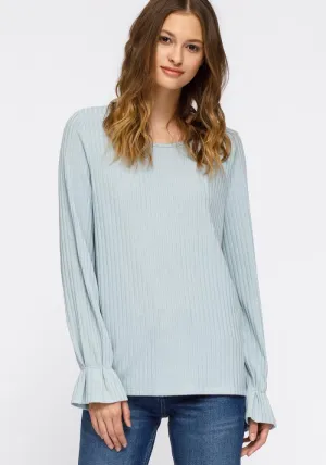 Ribbed Knit Top With Gathered Bell Cuff