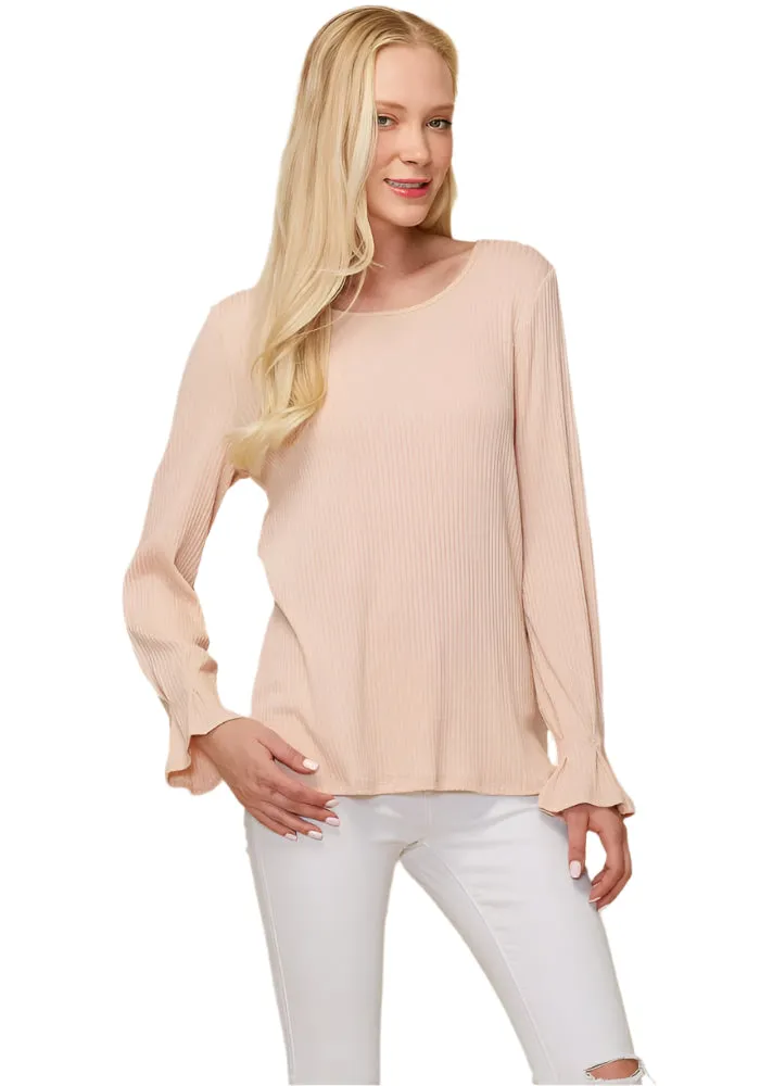Ribbed Knit Top With Gathered Bell Cuff