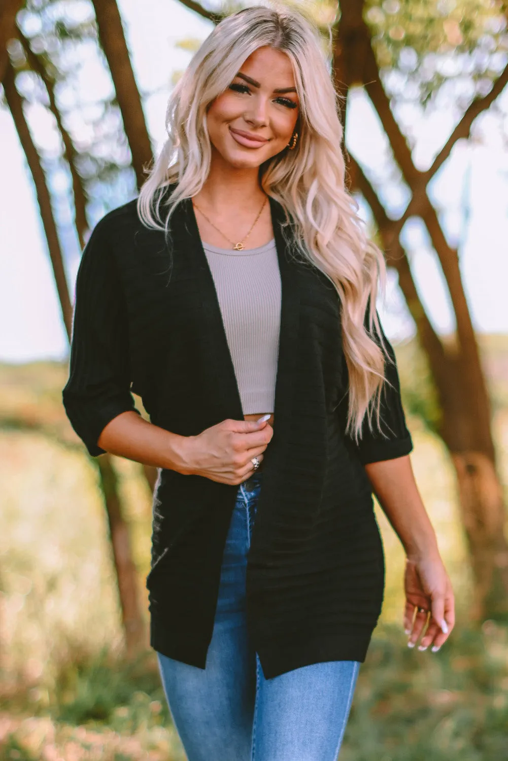 Ribbed Open Front Knit Cardigan