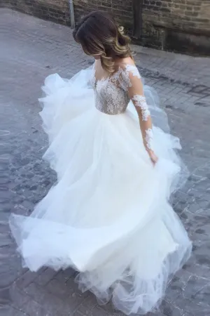 Romantic Ball Gown Long Sleeves Appliques Ivory Tulle Wedding Dresses Bridal Gown OK888
