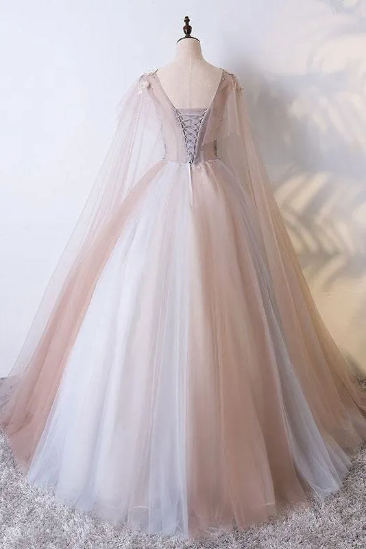 Romantic Tulle V neck Long Evening Dress,Lace Appliques Senior Prom Dresses OK990