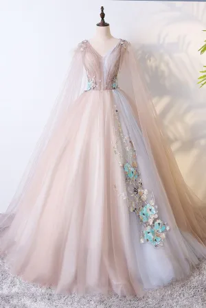 Romantic Tulle V neck Long Evening Dress,Lace Appliques Senior Prom Dresses OK990