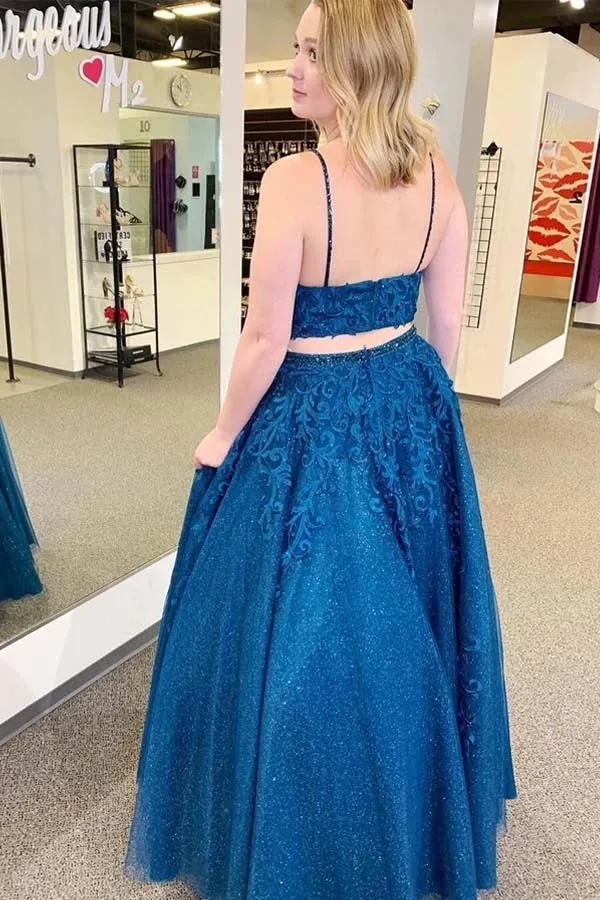 Royal Blue Sparkle Tulle Straps Appliques Two Pieces Prom/Formal Dress OKU13