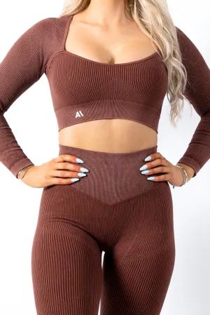Ruby Rib Long Sleeve Crop Top Brown
