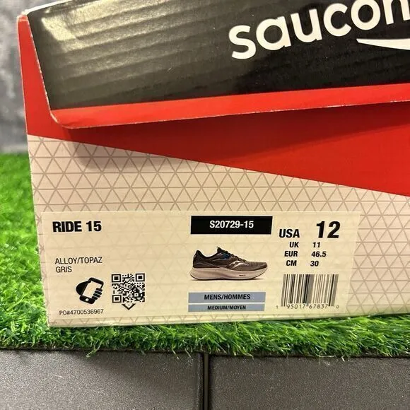 Saucony‎ Ride 15 Mens 12 Gray White Shoes Sneakers Athletic Running Gym W/Box