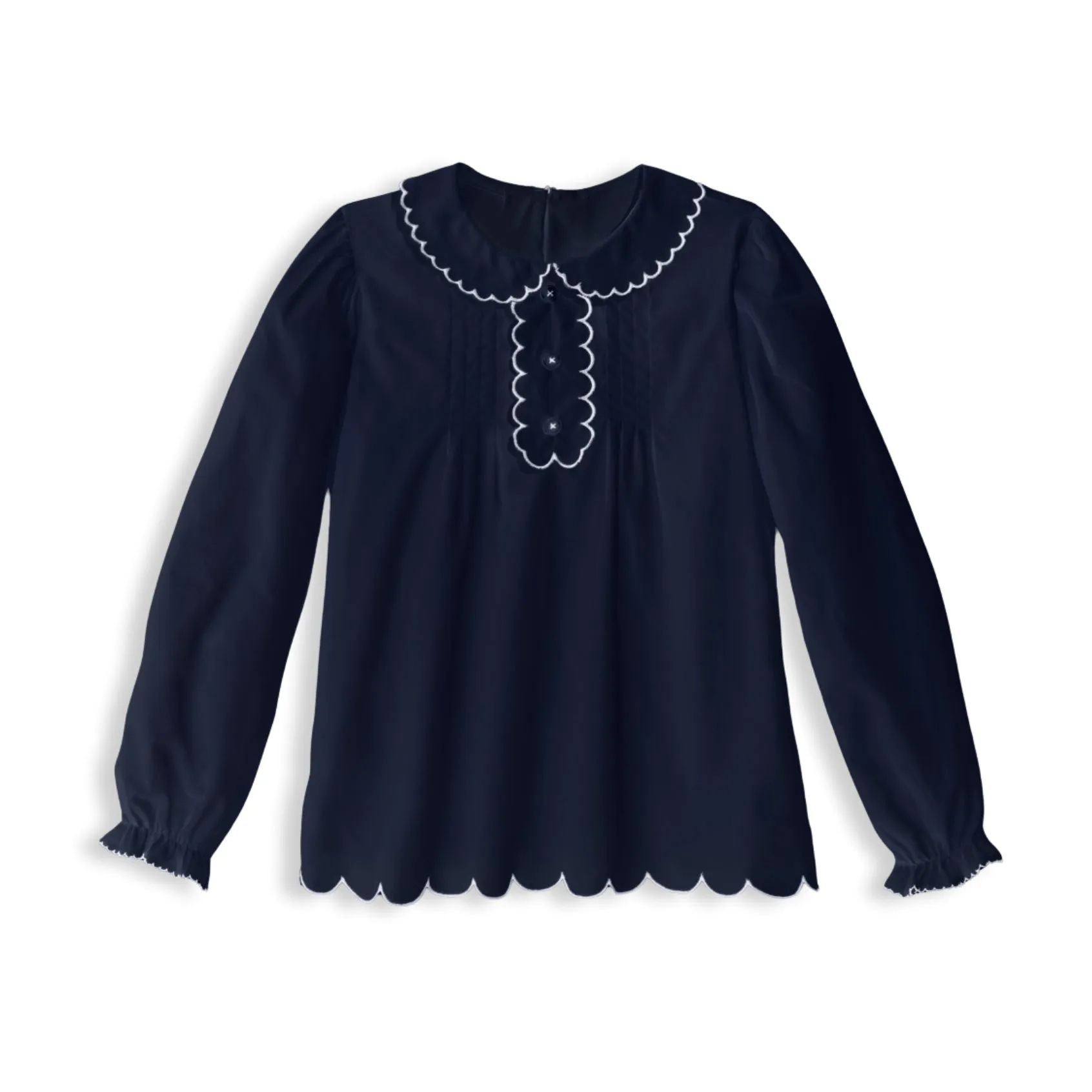 Scallop Trim Blouse -- Navy w/ Ivory
