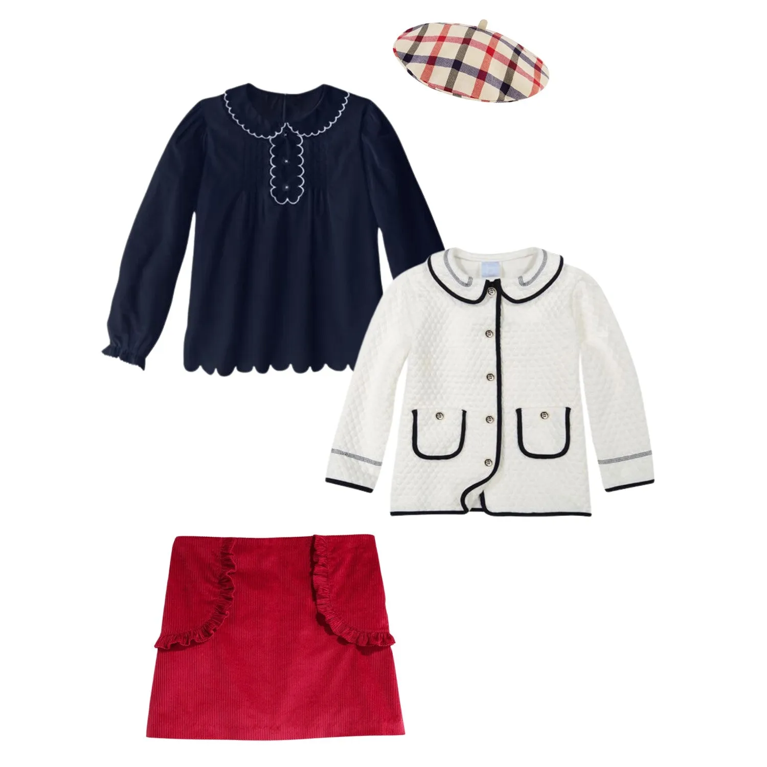 Scallop Trim Blouse -- Navy w/ Ivory