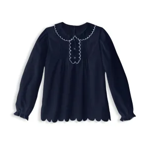 Scallop Trim Blouse -- Navy w/ Ivory