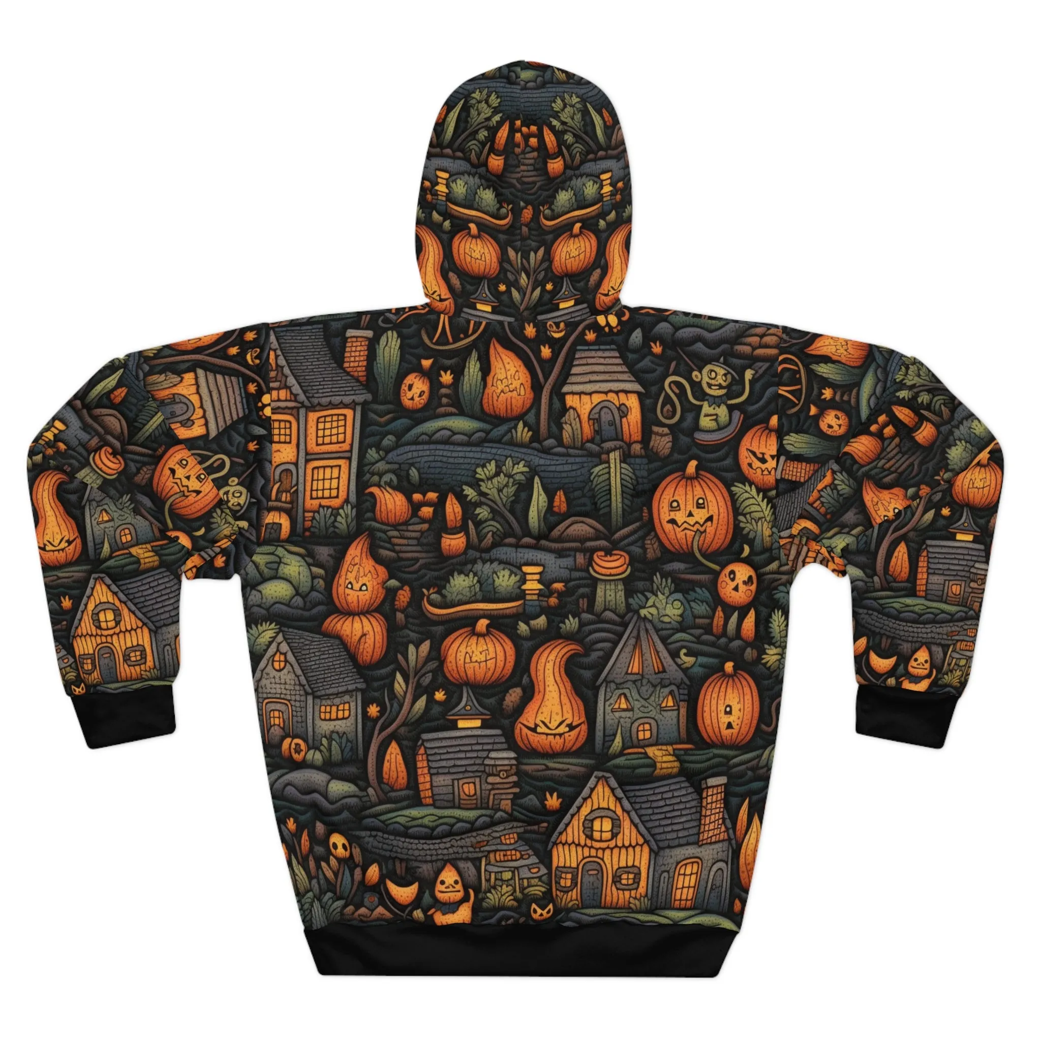 Scary Town Pullover Hoodie with Faux Embroidery Unisex Pullover Hoodie