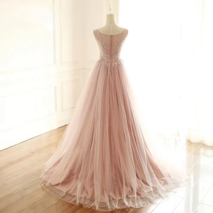 Scoop Dusty Pink Fashion Modest Wedding Dresses, Beading Tulle High Quality Free Custom Prom Dresses, WD0287
