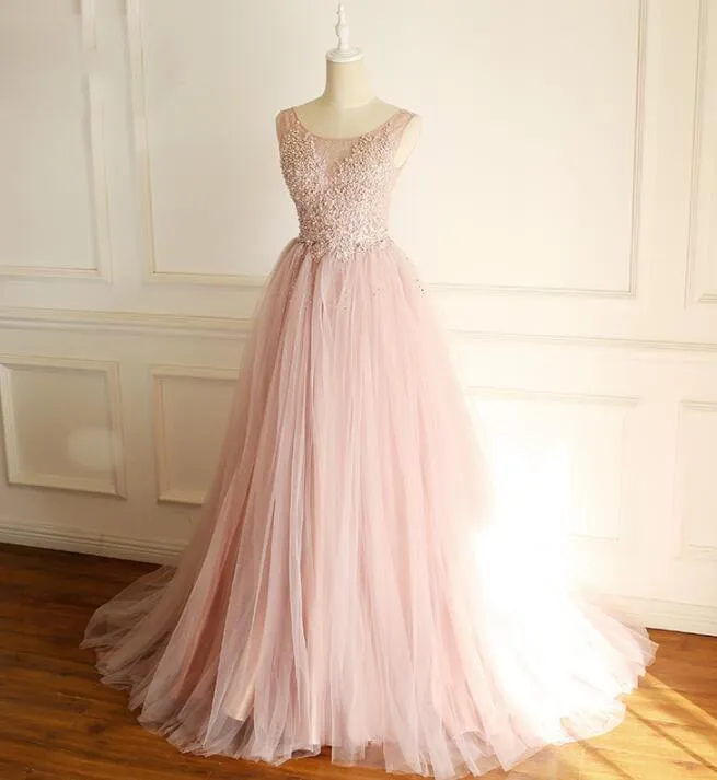 Scoop Dusty Pink Fashion Modest Wedding Dresses, Beading Tulle High Quality Free Custom Prom Dresses, WD0287