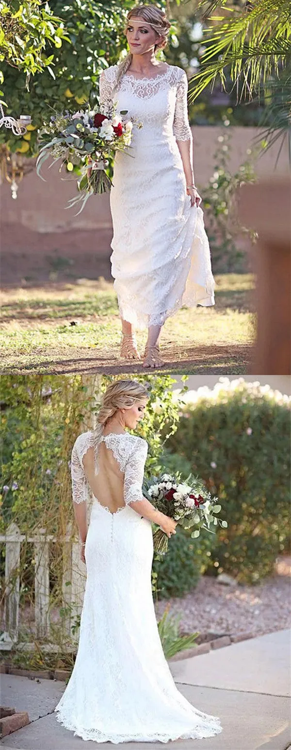 See-though Lace Half Sleeves Open-back Wedding Dresses With Train, WD0452