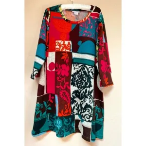 Serengeti Mixed Paisley 3/4 Sleeve Tunic Top/Shift Dress Medium Red Blue Boho