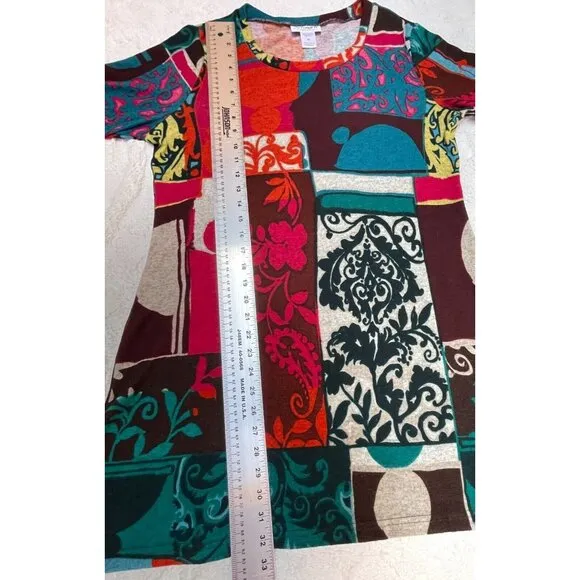 Serengeti Mixed Paisley 3/4 Sleeve Tunic Top/Shift Dress Medium Red Blue Boho