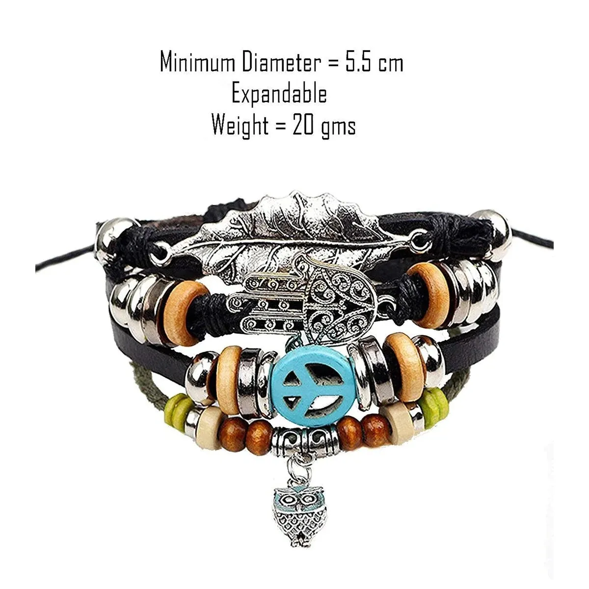 Serenity Hamsa Black Leather Multi Strand Wrist Band Bracelet