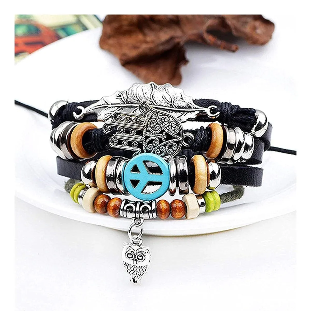 Serenity Hamsa Black Leather Multi Strand Wrist Band Bracelet
