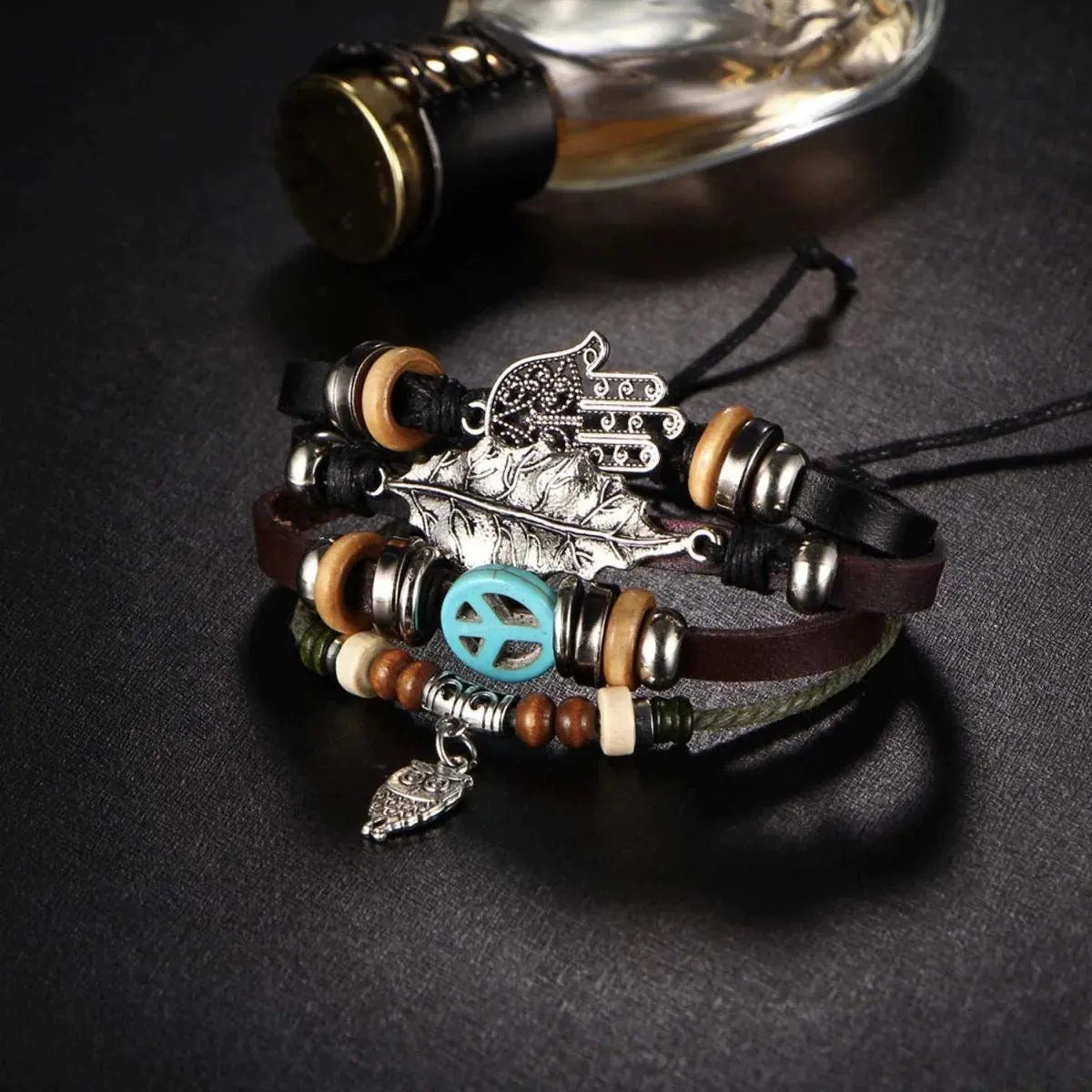 Serenity Hamsa Black Leather Multi Strand Wrist Band Bracelet