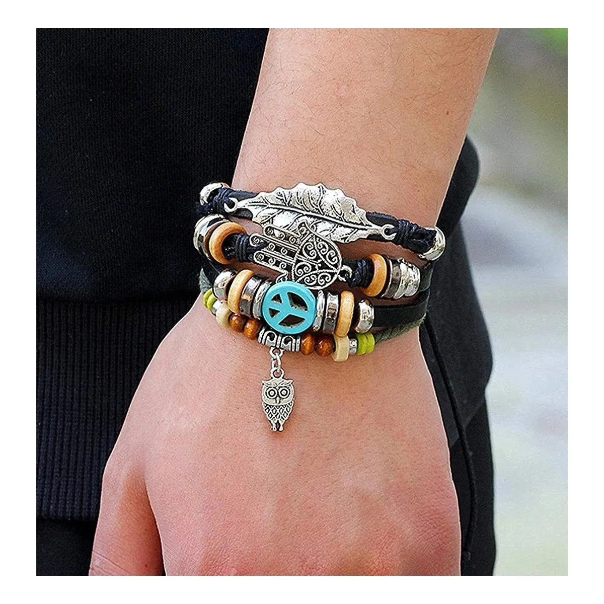 Serenity Hamsa Black Leather Multi Strand Wrist Band Bracelet