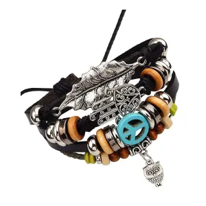 Serenity Hamsa Black Leather Multi Strand Wrist Band Bracelet