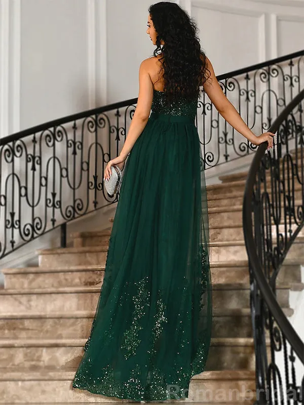 Sexy Applique Sweetheart Mermaid Side Slit Tulle Dark Green Evening Prom Dress Online, OL090