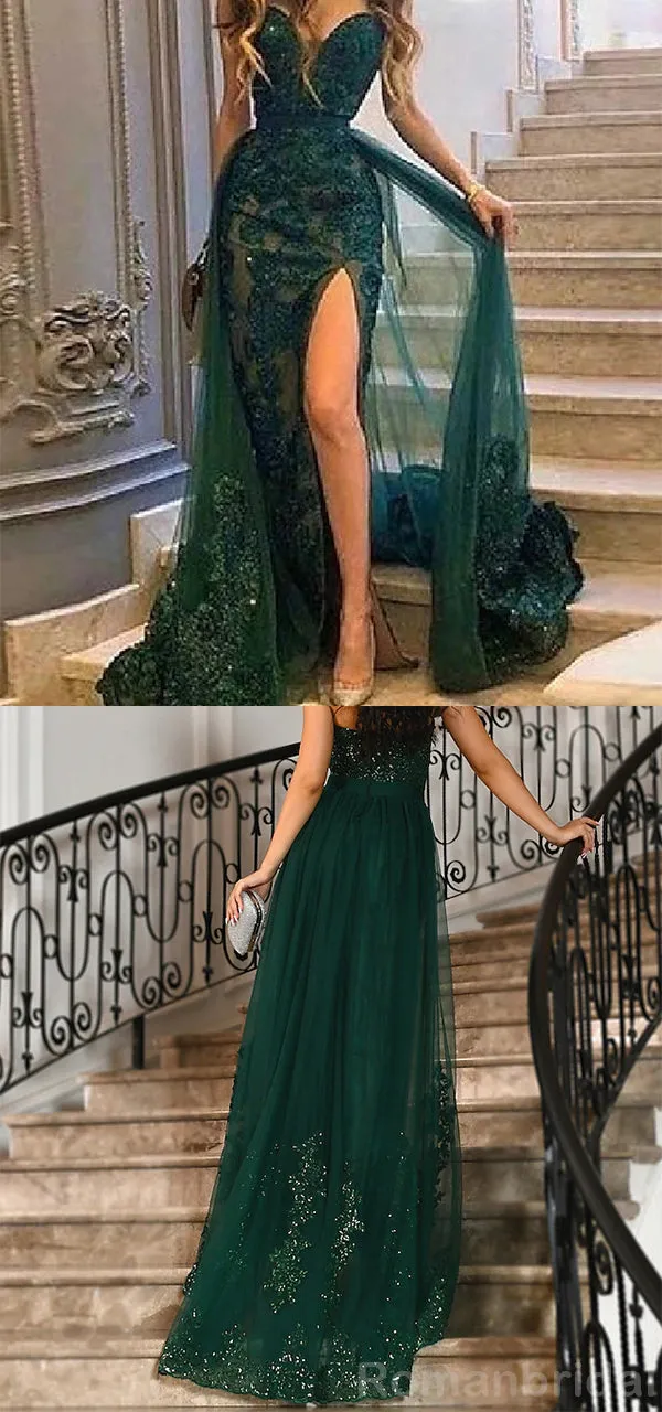 Sexy Applique Sweetheart Mermaid Side Slit Tulle Dark Green Evening Prom Dress Online, OL090