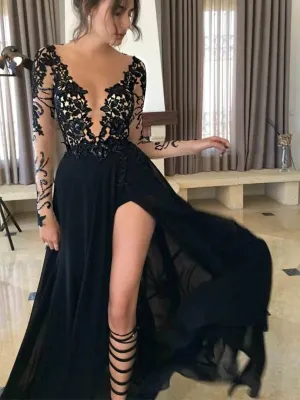 Sexy Black Deep V-neck Long Sleeves Lace Prom Dress, WGP228