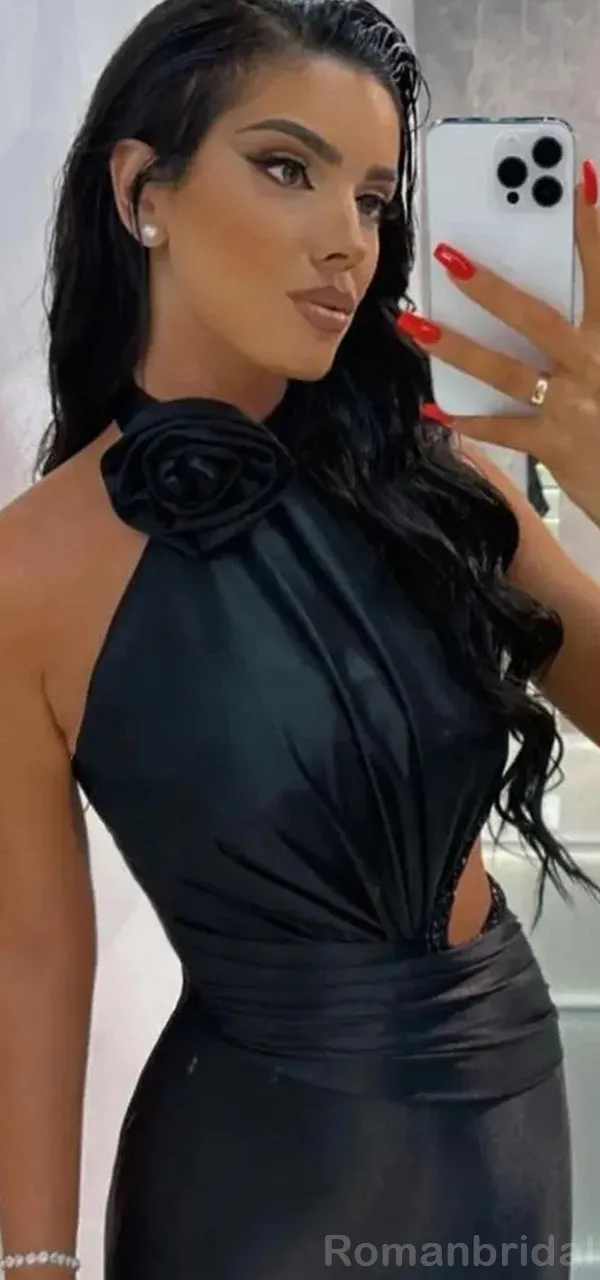 Sexy Halter Mermaid Long Satin Black Bridesmaid Dresses, BG520