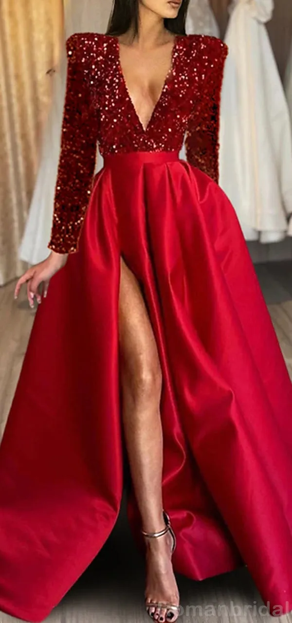 Sexy Long Sleeves Deep V-neck A-line Sequins Long Prom Dress Online, OL225