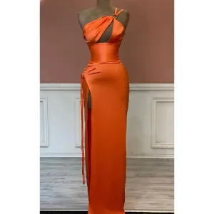 Sexy Satin One Shoulder Side Slit Papaya Long Bridesmaid Dresses Online, BG619