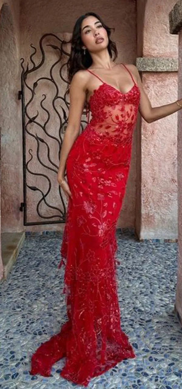 Sexy Spaghetti Straps Mermaid V-neck Illusion Red Long Evening Prom Dress Online, OL149