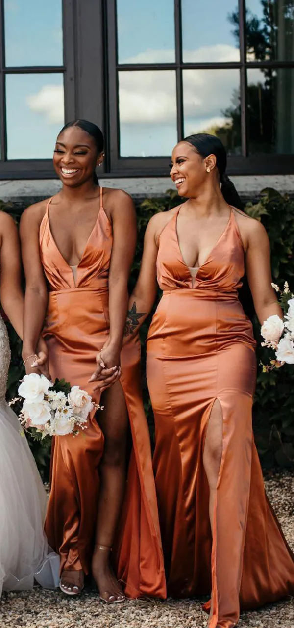 Sexy Spaghetti Straps Side Slit V-neck Mermaid Satin Sunset Long Bridesmaid Dresses Online, BG748