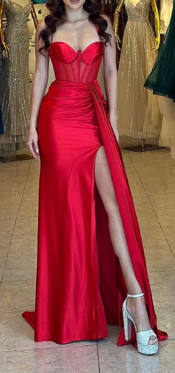 Sexy Spaghetti Straps Sweetheart Mermaid Side Slit Red Long Satin Bridesmaid Dresses Online, BG582