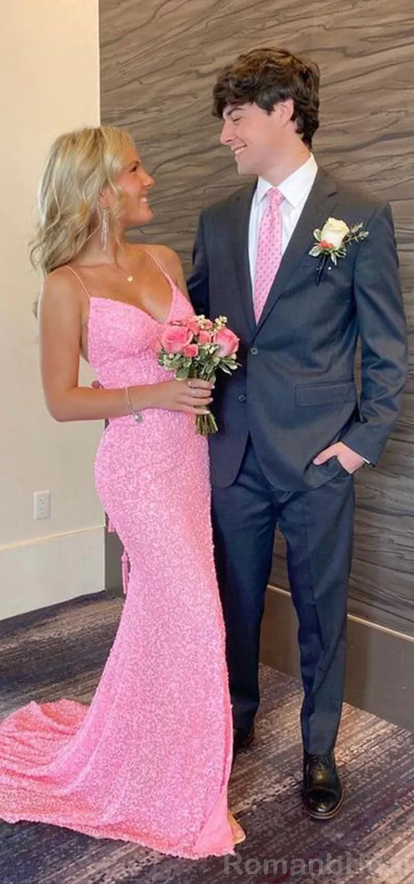Sexy Spaghetti Straps V-neck Mermaid Pink Long Evening Prom Dress Online, OL139