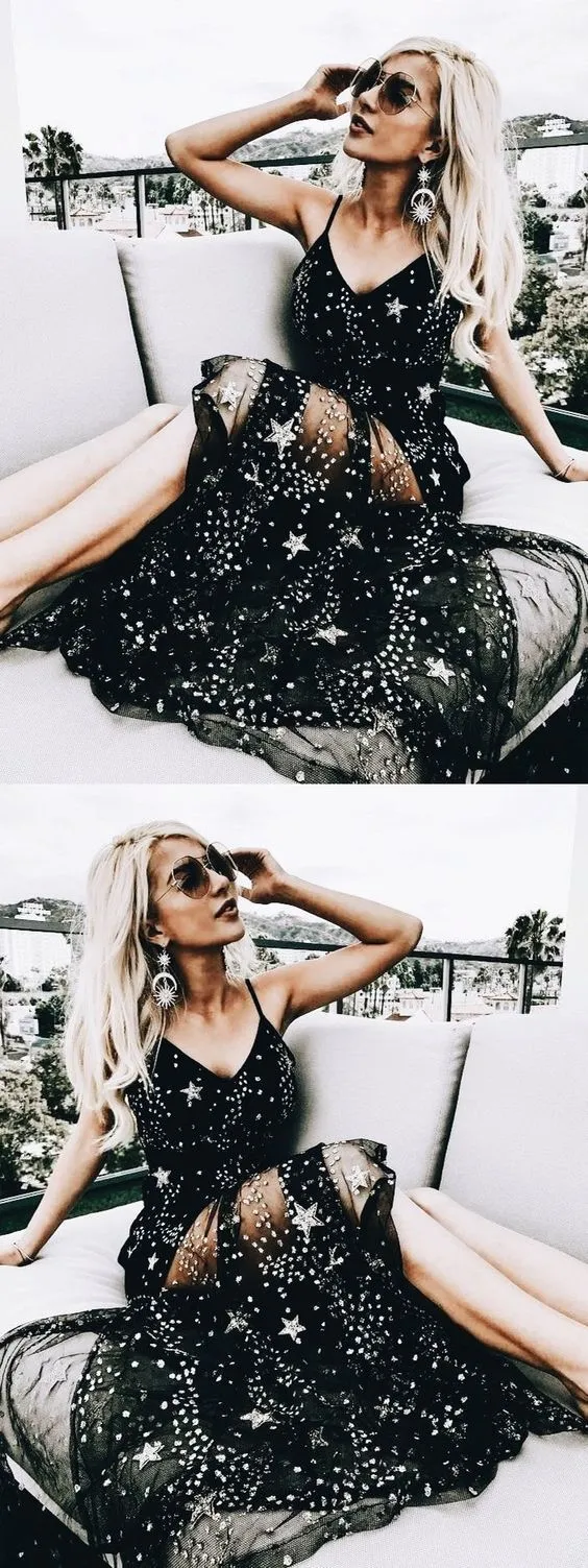 Sexy Sparkly Black Spaghetti Straps A Line Star Long Prom Dresses OKG9