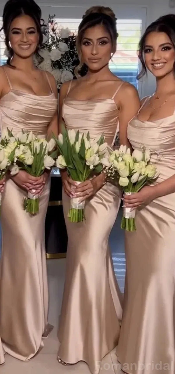 Sexy Taupe Spaghetti Straps Mermaid Satin Long Bridesmaid Dresses Online, BG505