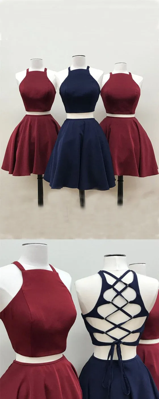 Sexy Two Pieces Halter Simple A-line Open-back Short Homecoming Dresses, HD0373