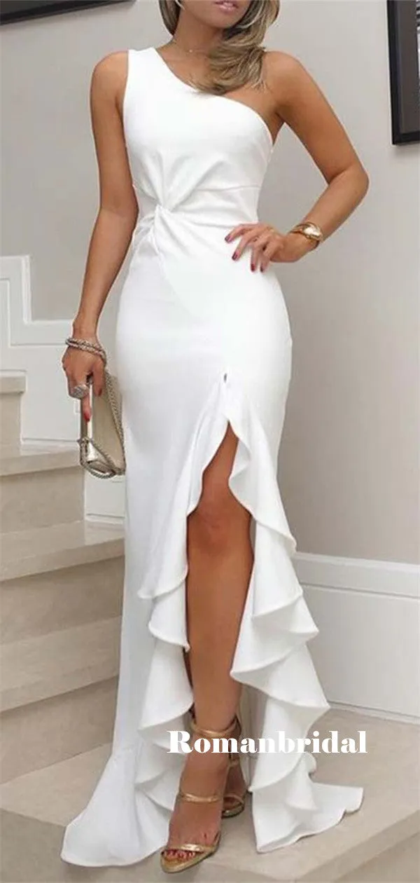 Sheath One-shoulder Sleeveless Pleats Prom Dresses With Ruffles, PD0794