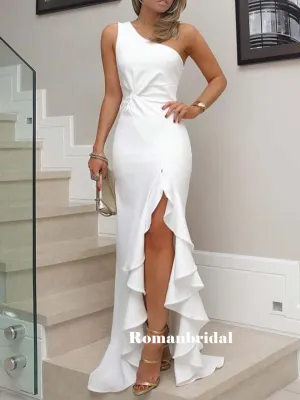 Sheath One-shoulder Sleeveless Pleats Prom Dresses With Ruffles, PD0794