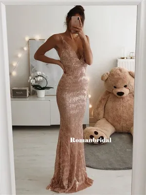 Sheath Spaghetti Straps V-neck Sparkly Long Prom Dresses, PD0812